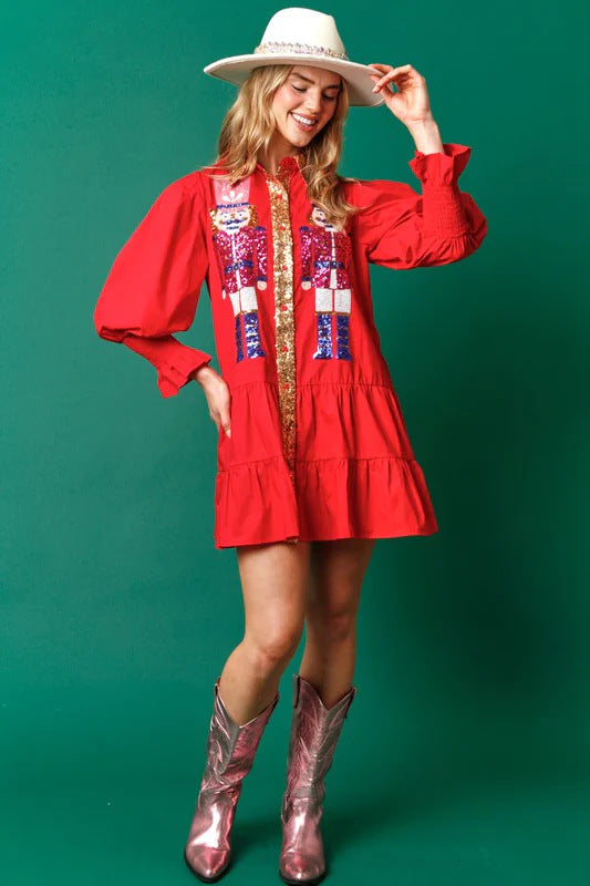 Wholesale Autumn/winter Contrasting Long Sleeved Lapel Christmas Sequin Women Clothes
